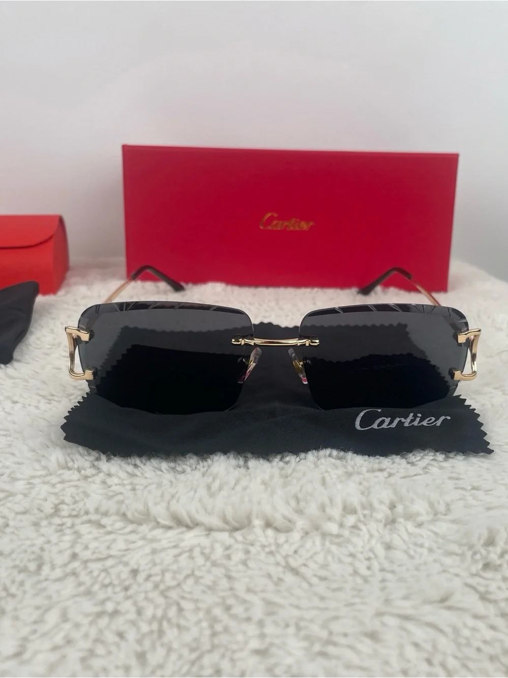 Cartier Big C Diamond Cut Sunglasses Black Lenses Gold Frame